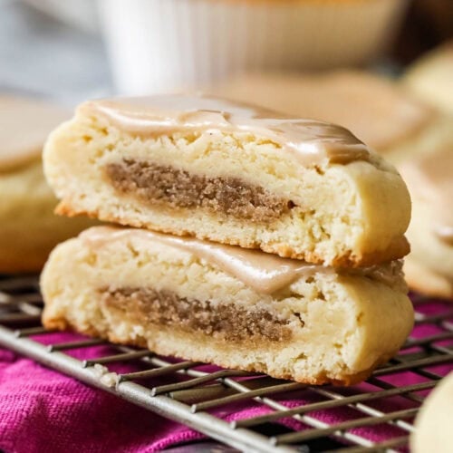 Two halves of a brown sugar cinnamon pop tart cookie stacked on top of each other.