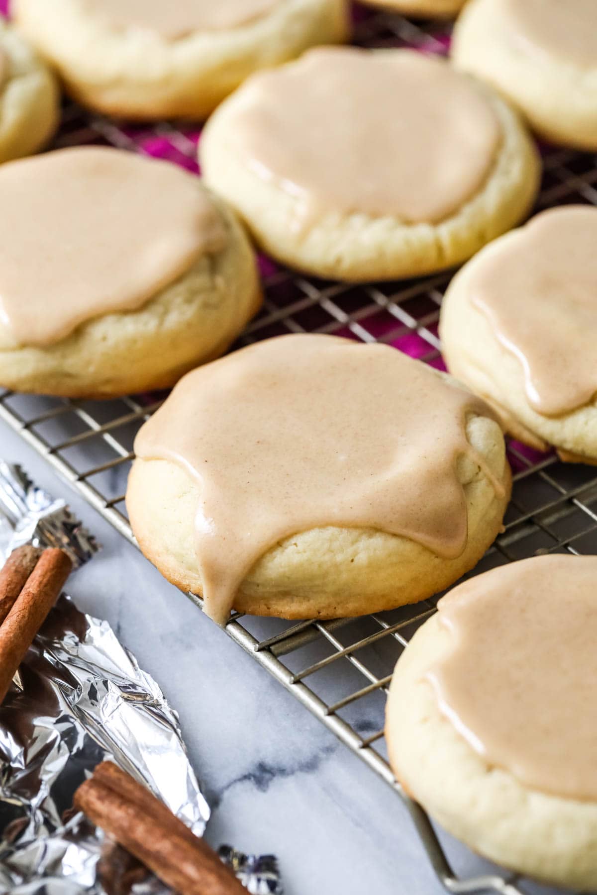 Overhead view of pop tart cookies topped with a brown sugar cinnamon glaze.