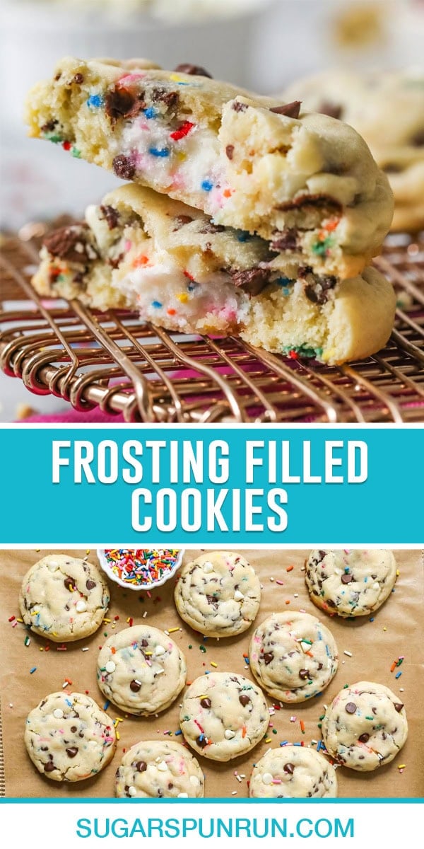 collage of frosting filled cookies, top image of single image stacked, bottom image of multiple cookies photographed from above