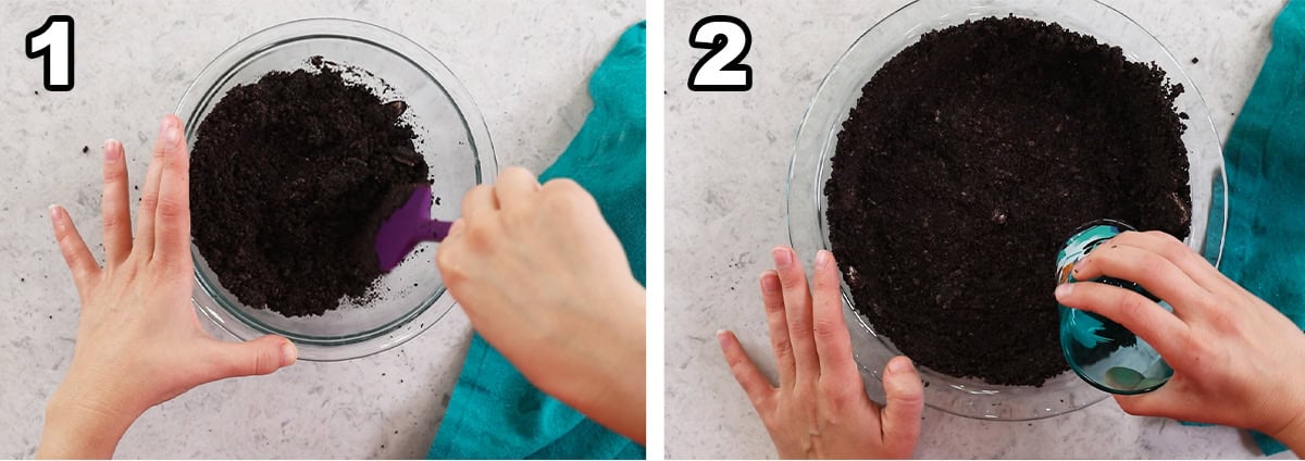 Two photos showing a chocolate cookie crust being pressed into a pie plate.