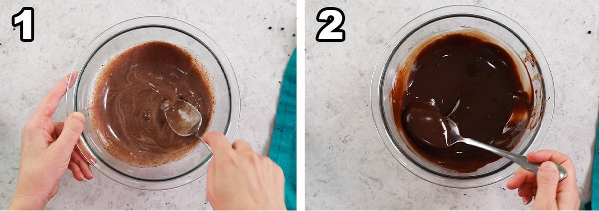 Two photos showing a chocolate ripple being prepared.