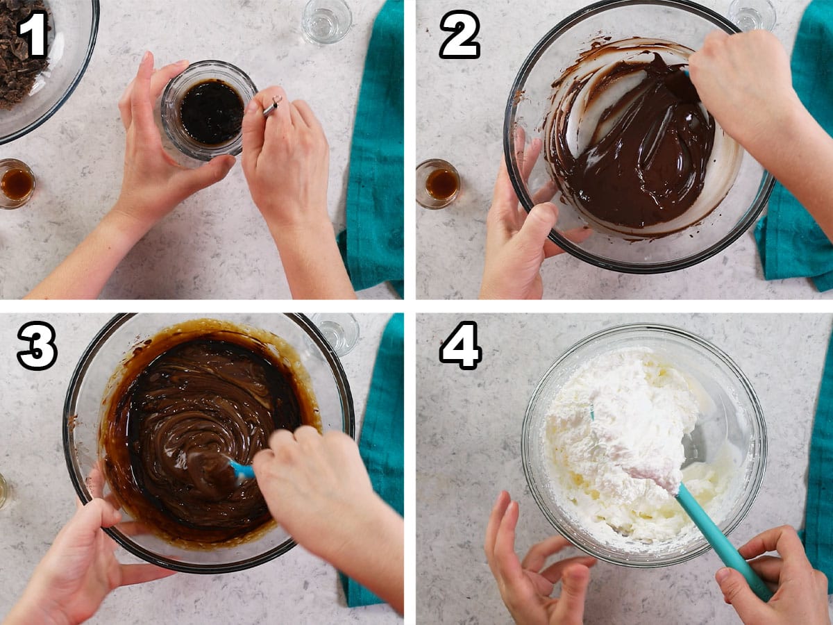 Four photos showing a whipped chocolate pie filling being prepared.