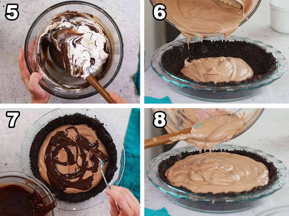 Four photos showing pie filling being layered into an Oreo crust with a chocolate ripple in the center.