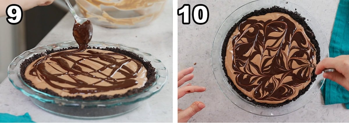 Two photos showing a chocolate ripple being added to a mudslide pie.