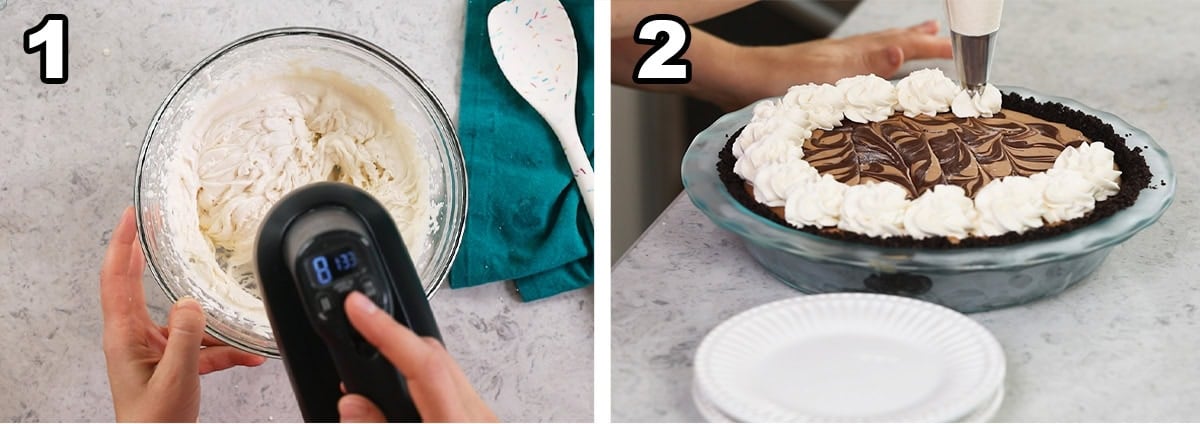 Two photos showing a Bailey's whipped cream being whipped and piped onto a mudslid epie.