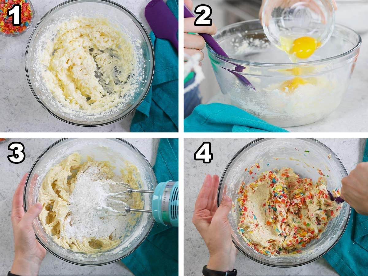 Overhead view of cookie dough being prepared and combined with Fruity Pebbles cereal.