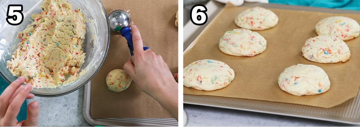 Two photos showing a colorful cookie dough being scooped and baked on parchment lined baking sheets.