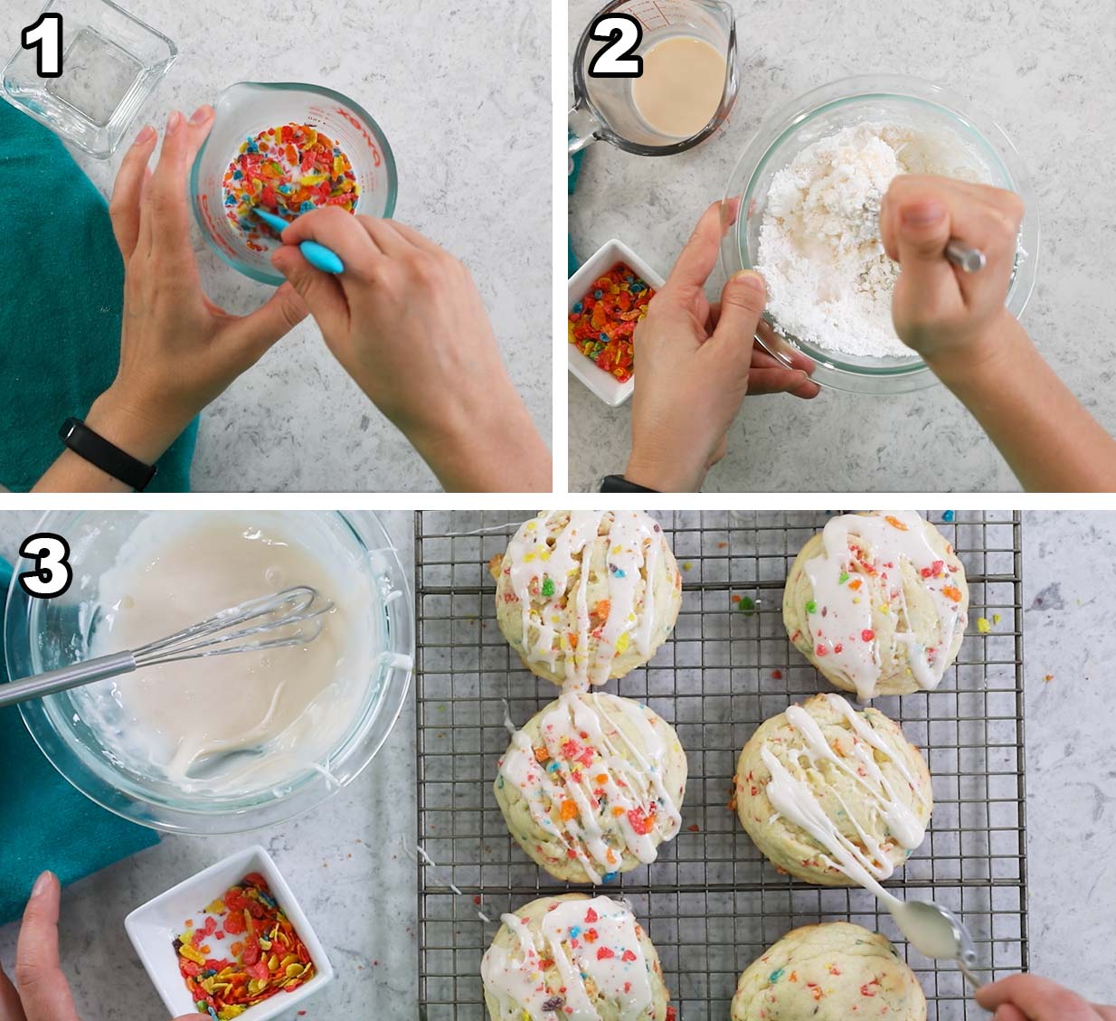 Three photos showing a cereal milk glaze being prepared and drizzled over cookies.