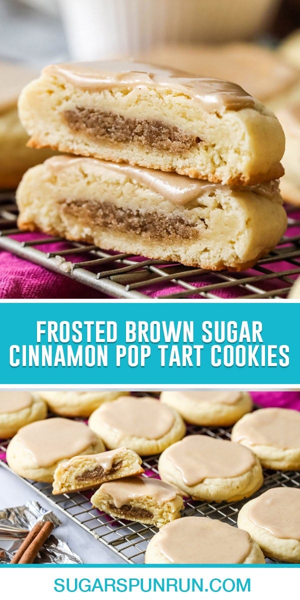 collage of Frosted Brown Sugar Cinnamon Pop Tart Cookies, top image of single cookies cut open and stacked, bottom image of multiple cookies on cooling rack