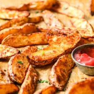 Close-up view of potato wedges on a baking tray.