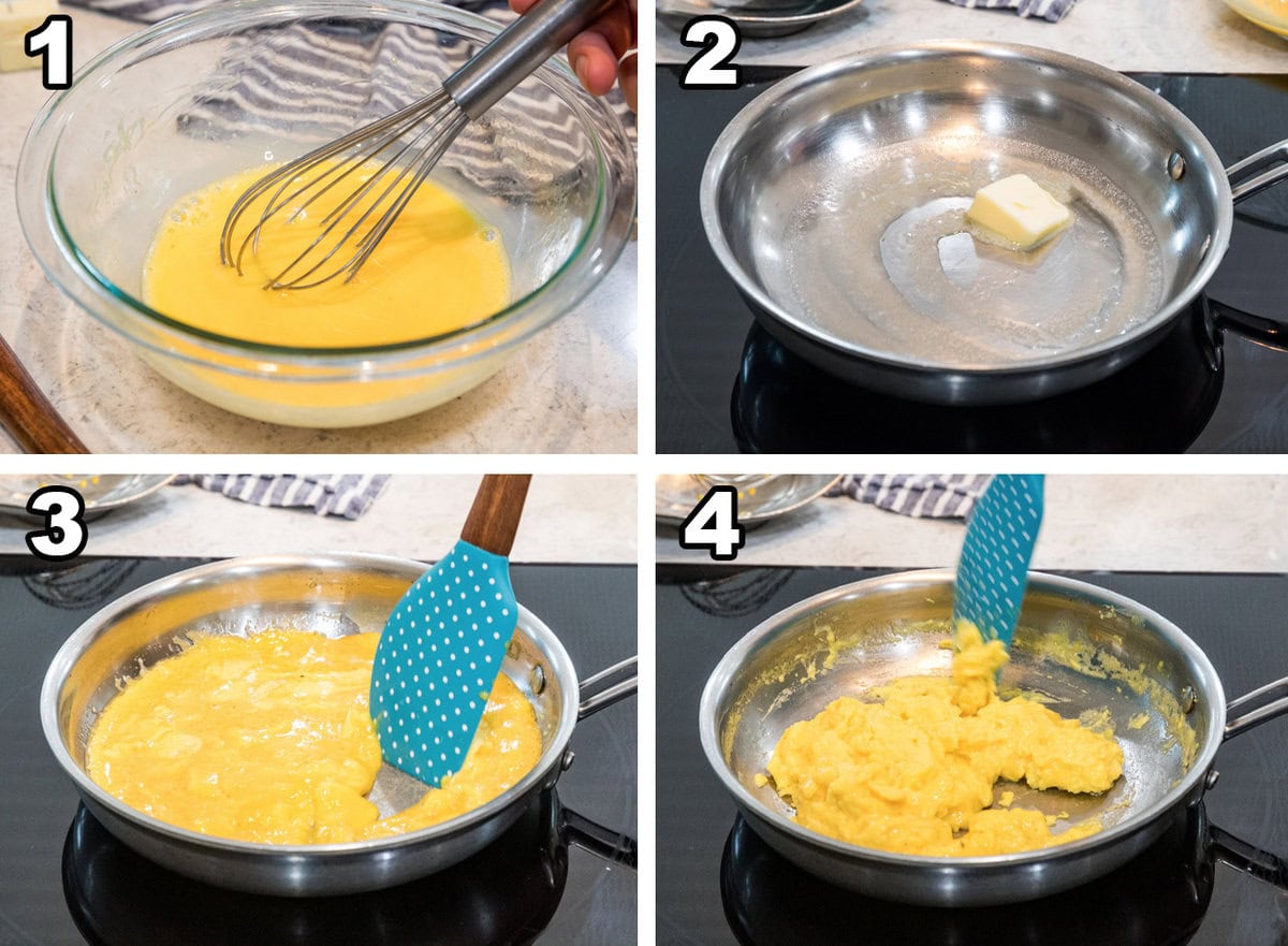 Scrambled Eggs Collage- four photos showing how to make perfect eggs