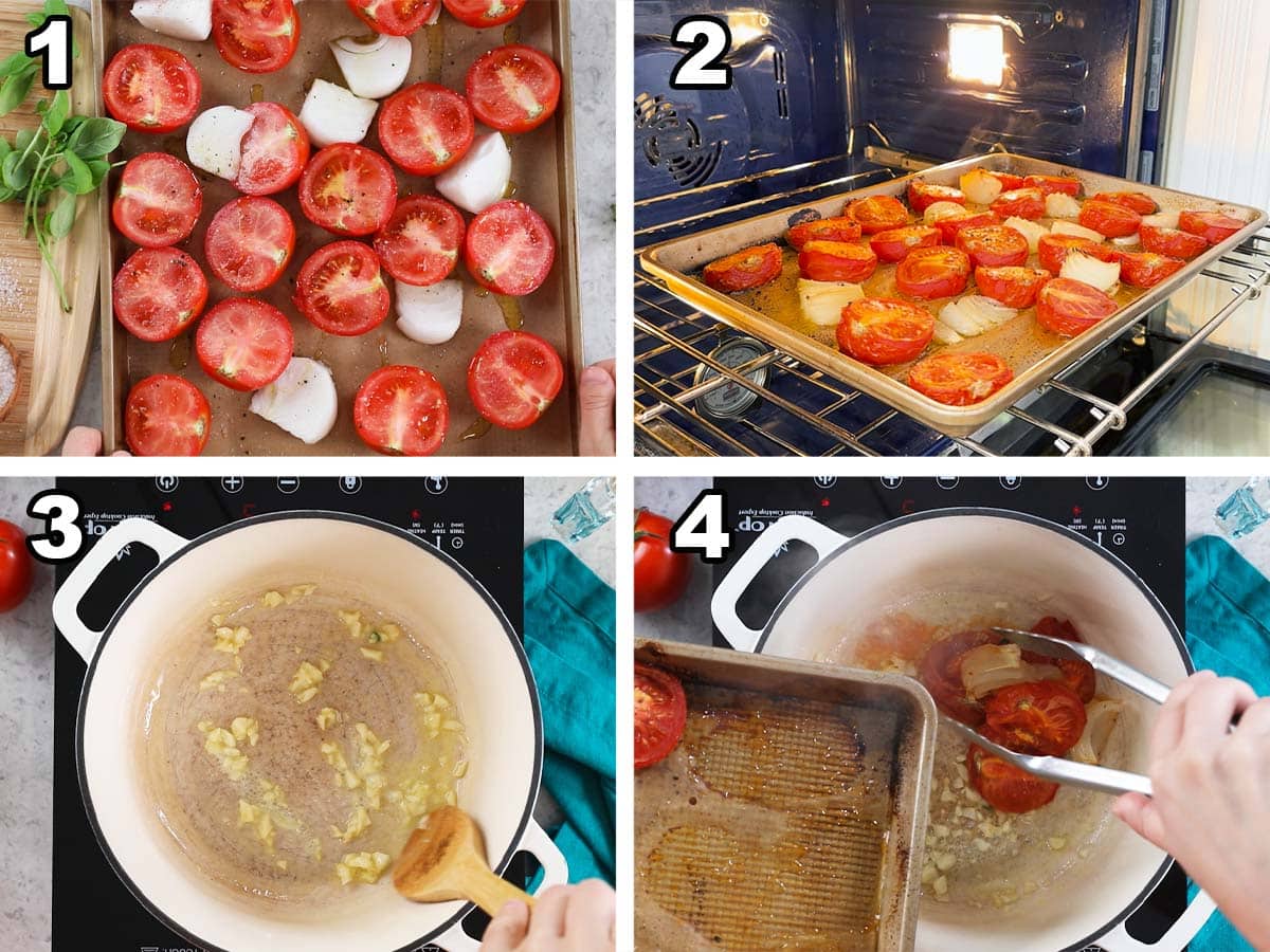 Four photos showing tomatoes and onions roasting in the oven before being added to a dutch oven with garlic.