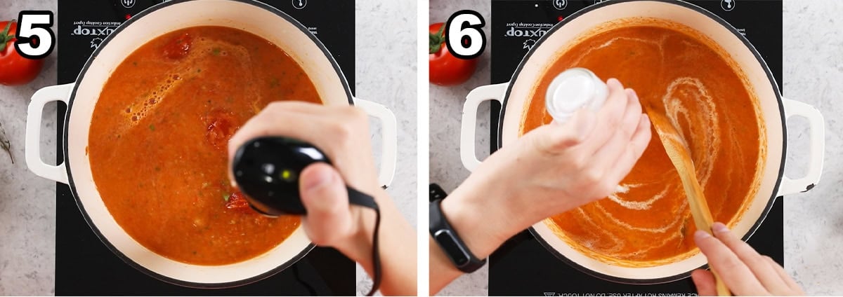 Two photos showing tomato basil soup after pureeing and adding cream.