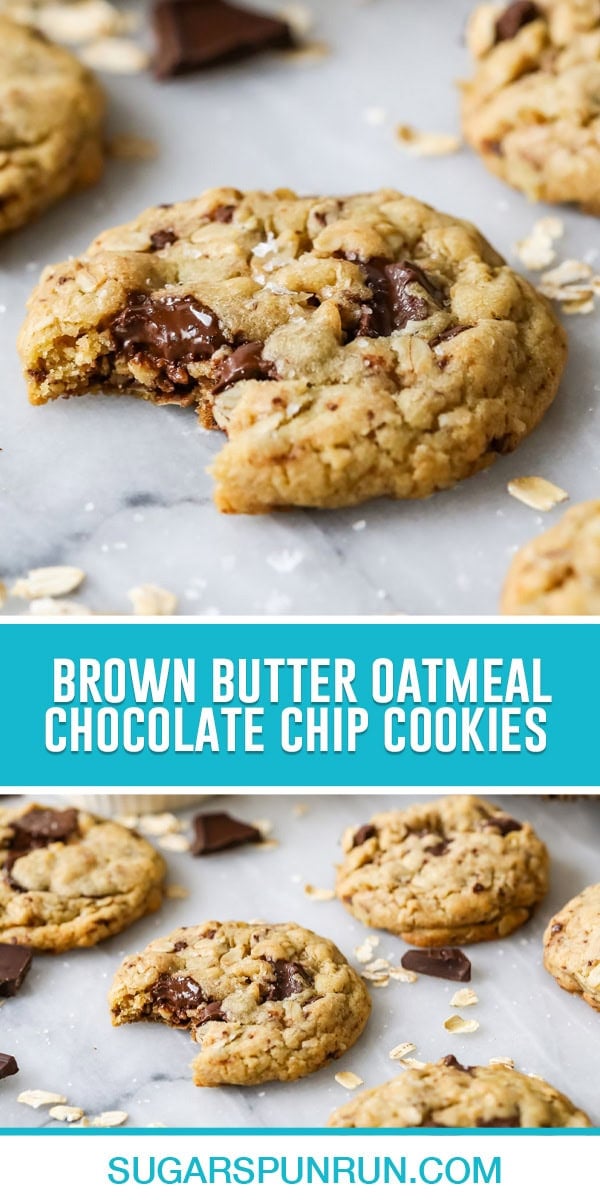 Collage of Brown Butter Oatmeal Chocolate Chip Cookies, top image of single cookie close up bite taken out, bottom image of multiple cookies spread out on marble slab