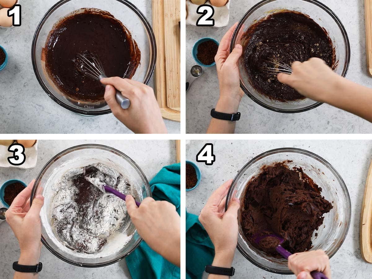 Collage of 4 photographs showing the steps to make chocolate cookie dough.