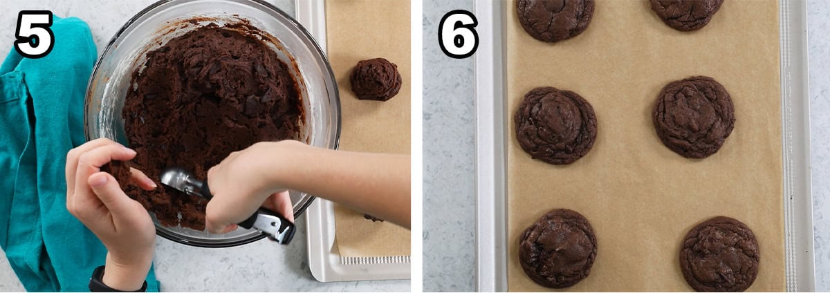 Collage of two photographs showing how to scoop and bake chocolate cookie dough.