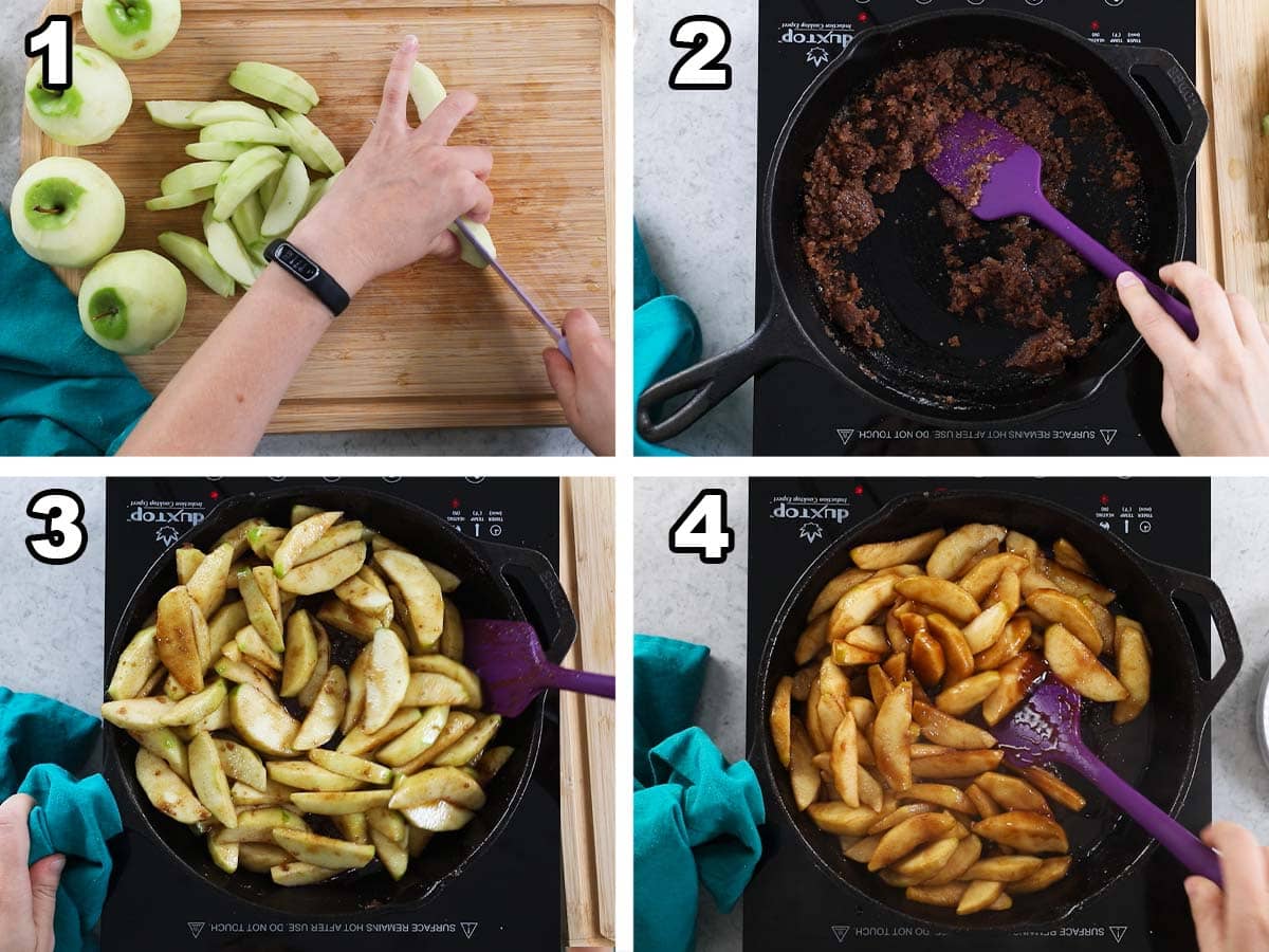 Collage of four photos showing apples being sliced and cooked in spices, sugar, and butter.