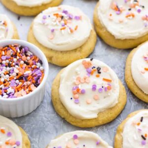 Overhead view of lofthouse-style pumpkin cookies.