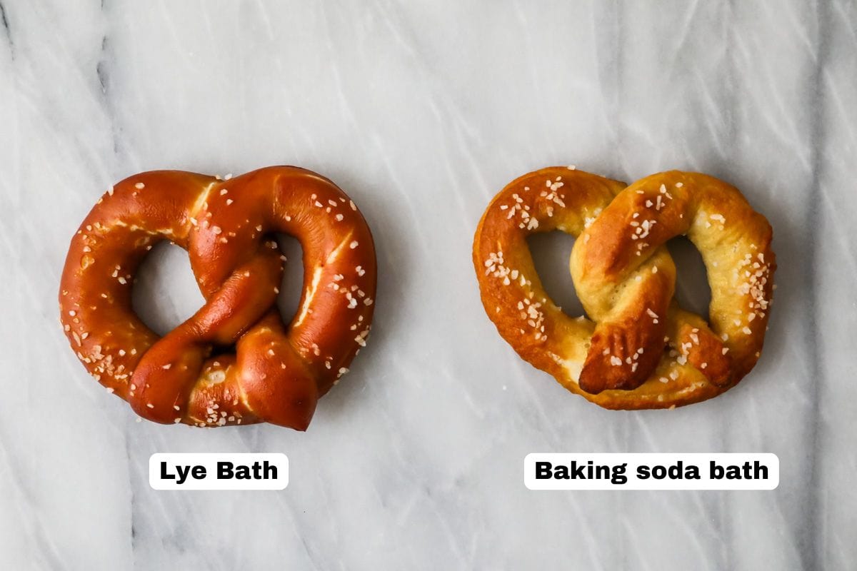 Two photos comparing two soft pretzels, one baked in a lye bath and one baked in a baking soda bath.