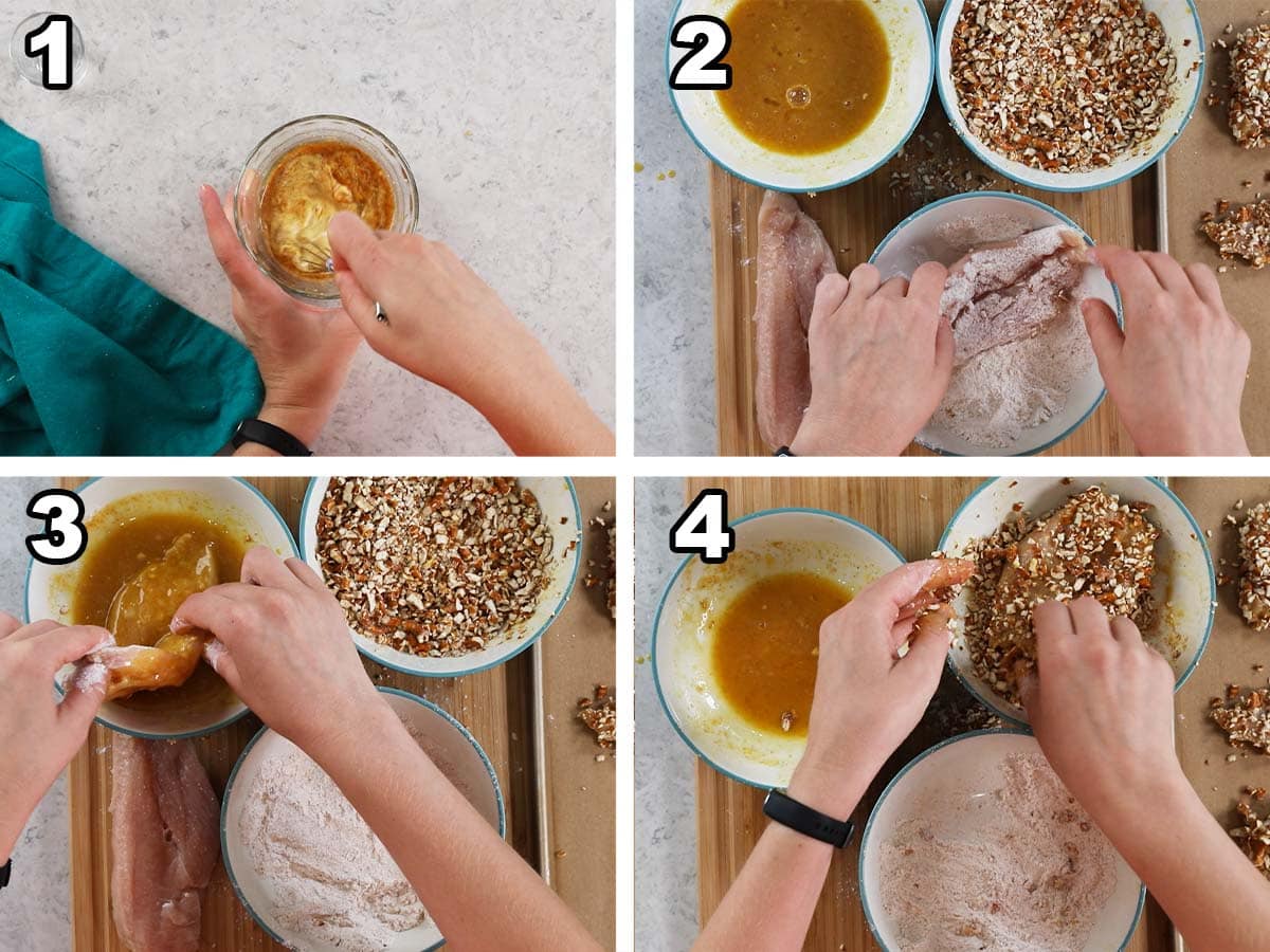 Four photos showing ingredients being prepared for a pretzel coating for chicken.