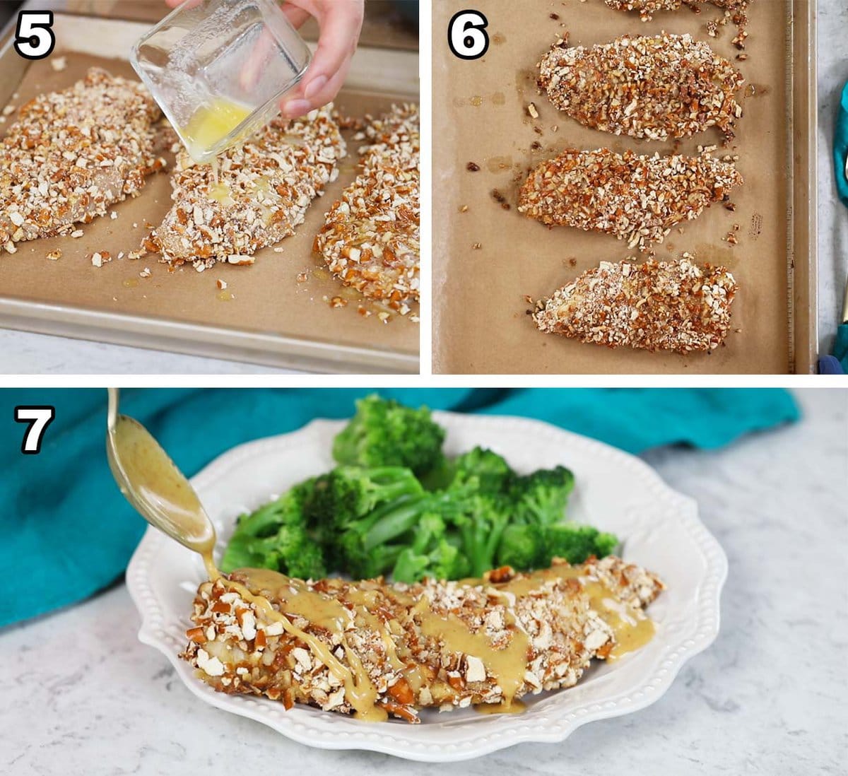 Three photos showing pretzel crusted chicken being drizzled with butter, baked, and topped with a honey mustard sauce.