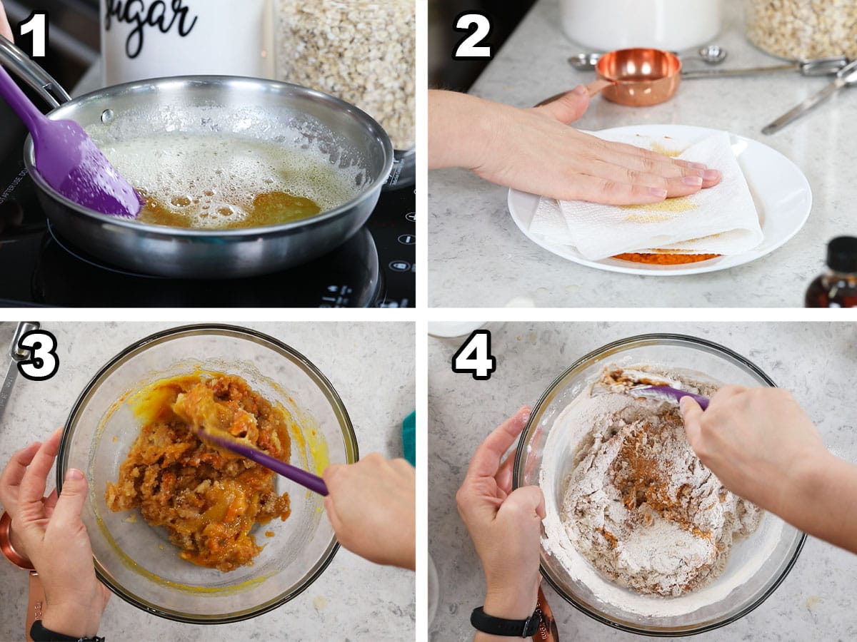 Four photos showing butter being browned and pumpkin being blotted before adding both to cookie dough.