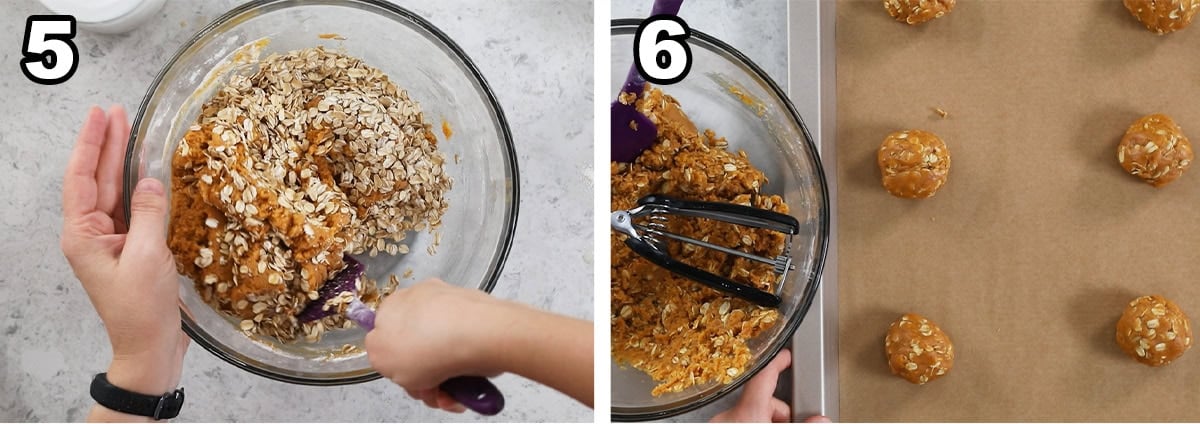 Two photos showing oats being stirred into cookie dough before scooping onto parchment lined baking sheets.