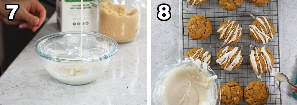 Two photos showing glaze being prepared and drizzled over cookies.