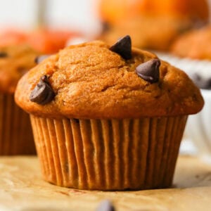 Close-up view of a pumpkin chocolate chip muffin.