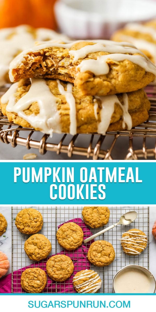 collage of pumpkin oatmeal cookies, top image of two cookies stacked top cookie with bite being taken out, bottom image of multiple cookies on cooling rack about with drizzle getting ready to be applied to all