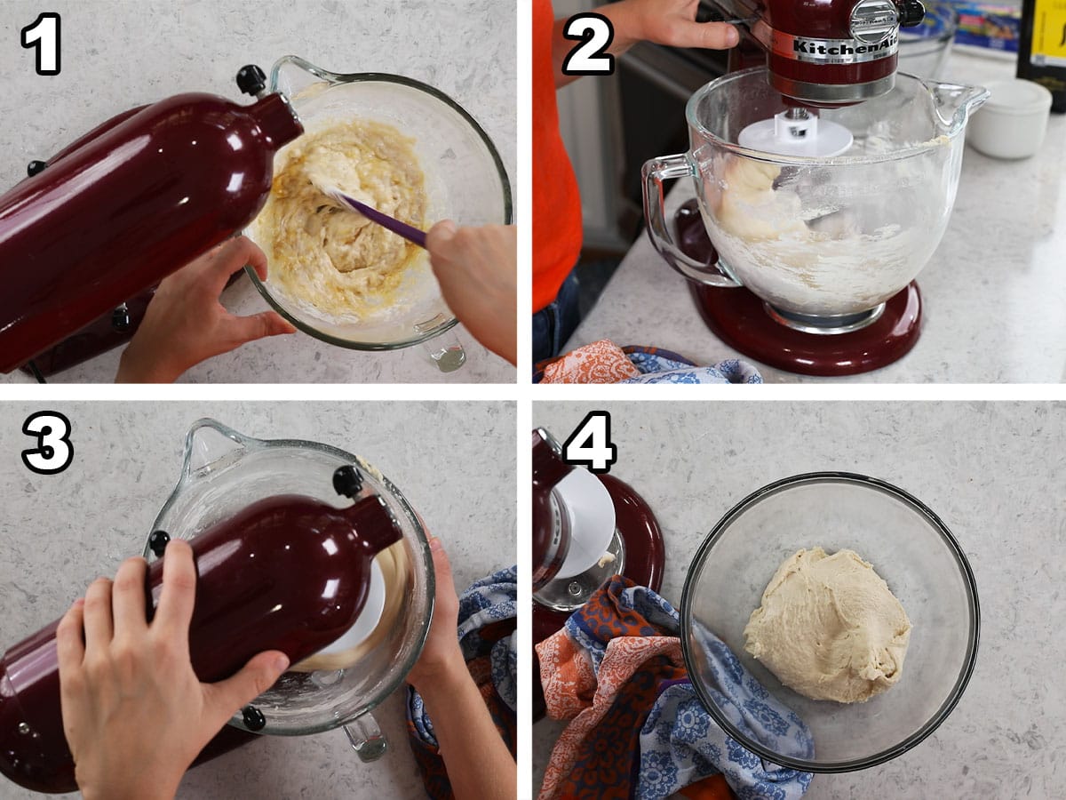 Four photos showing pretzel dough being prepared with sourdough starter.