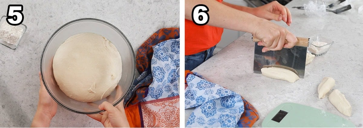 Two photos showing dough being cut into equal pieces after rising.