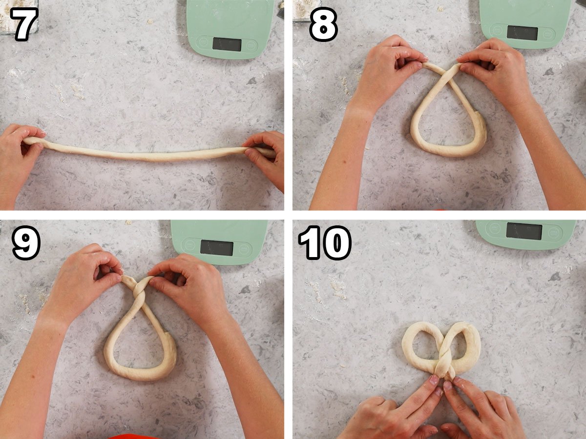 Four photos showing a sourdough soft pretzel being twisted.