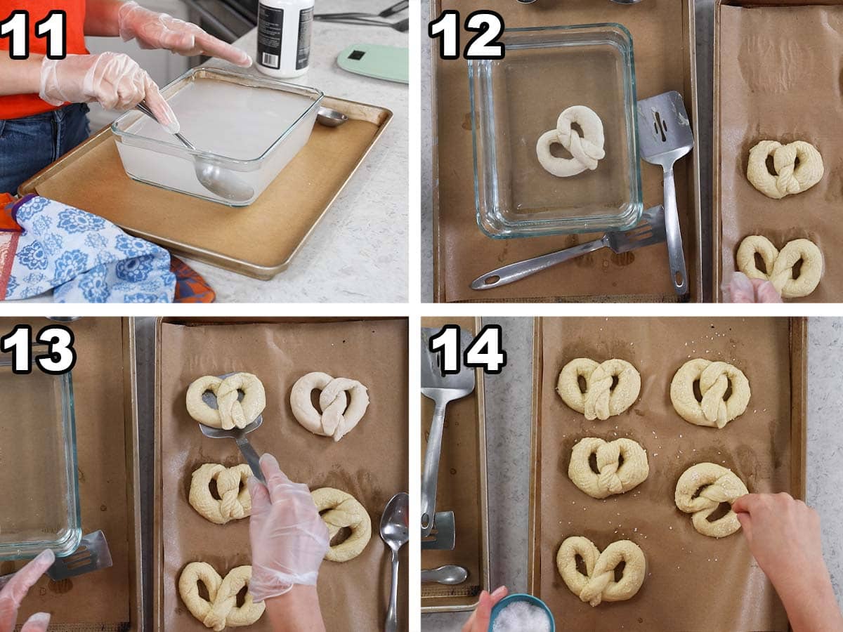 Four photos showing sourdough pretzels being dipped in lye, sprinkled with salt, and baked.