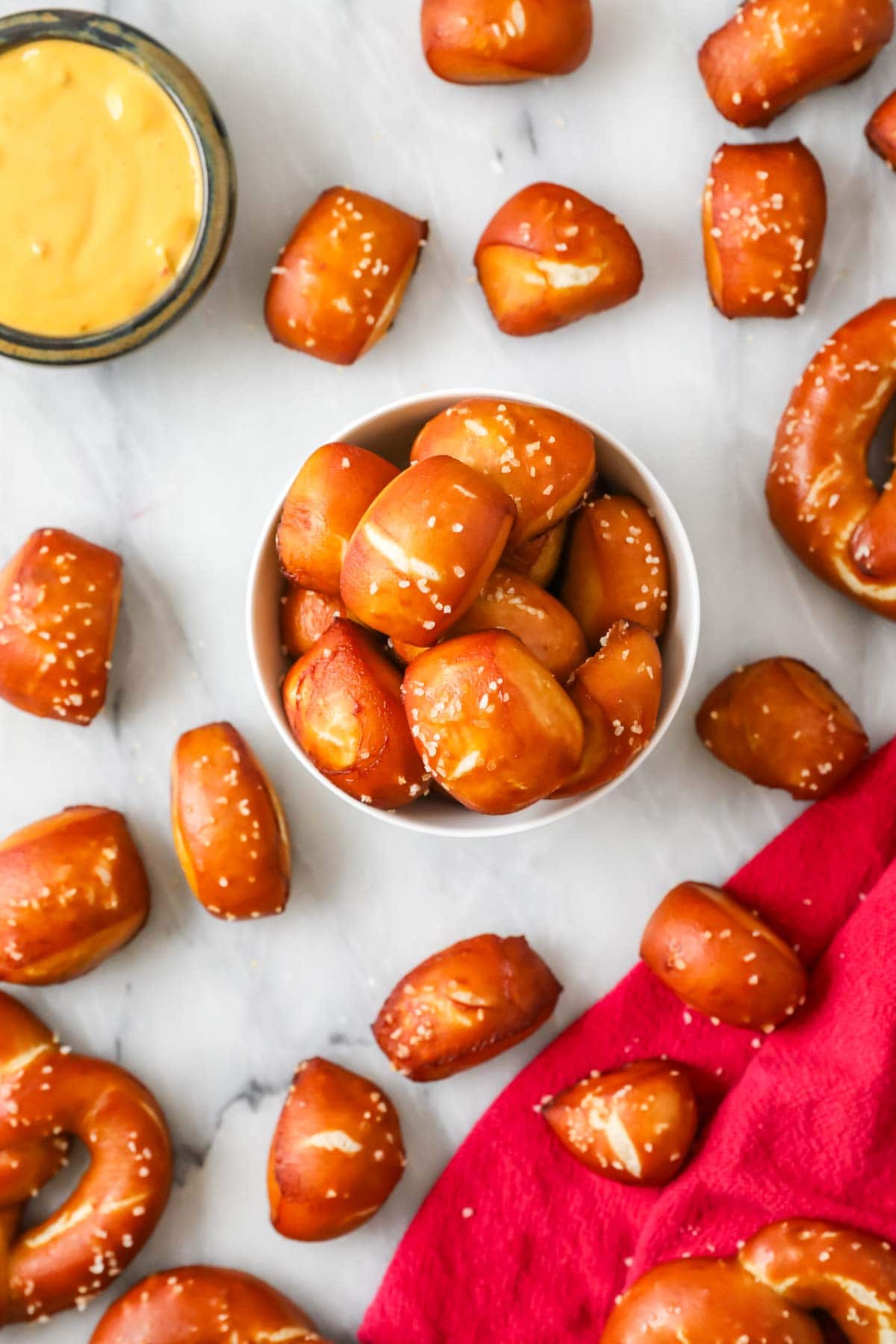 Overhead view of golden brown soft pretzel bites made with sourdough starter.