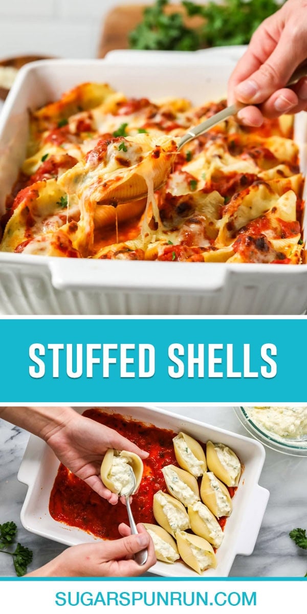 Collage of stuffed shells, top image is a close up stuffed shells one being removed, bottom image of filling being placed inside cooked shells