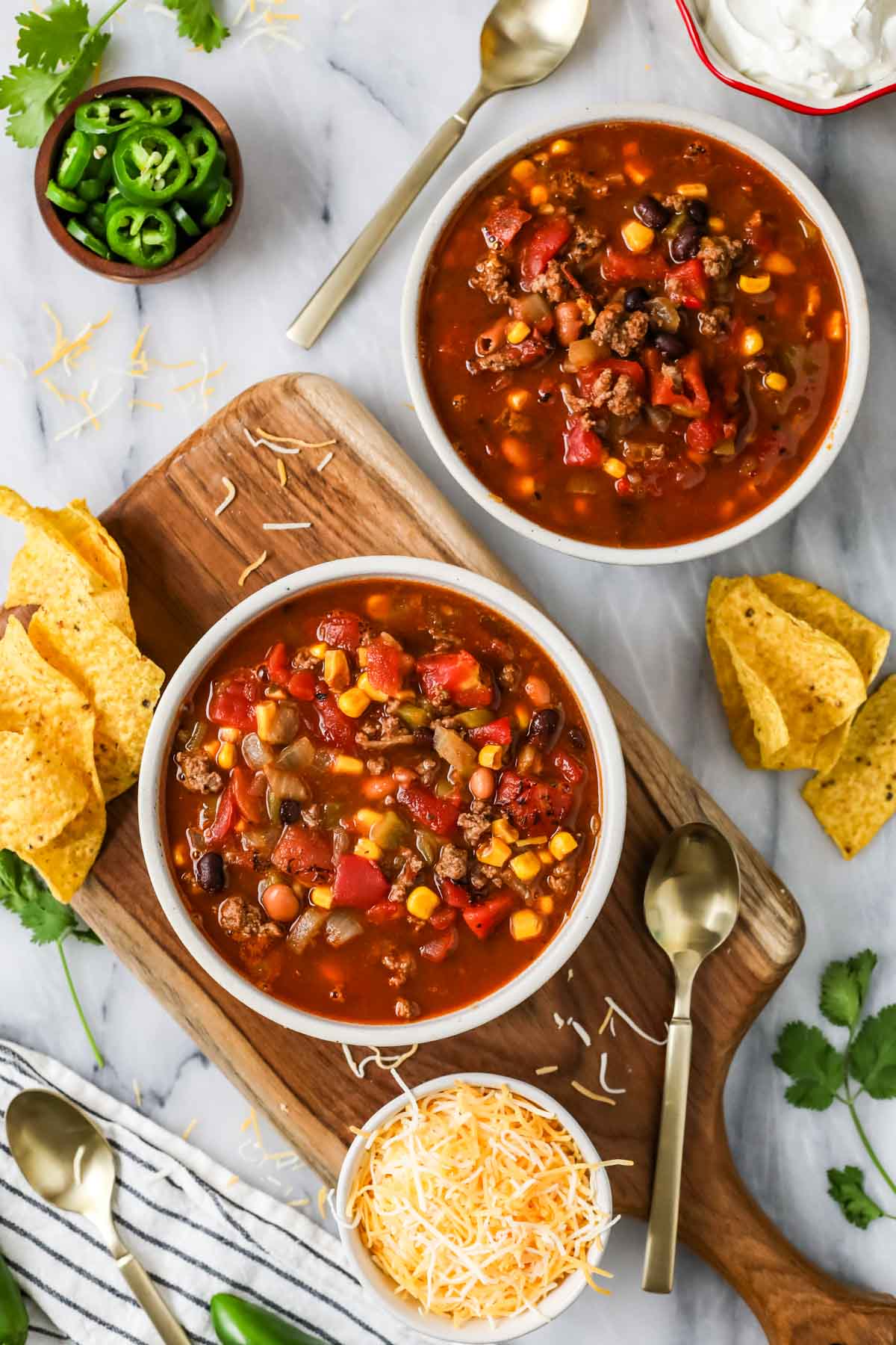 Overhead view of bowls of taco soup.