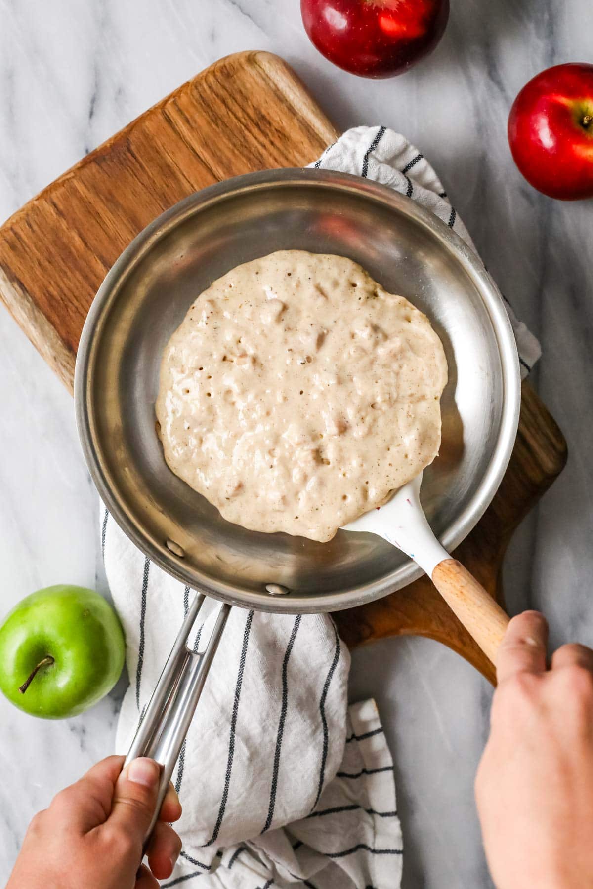 pancake in skillet ready to be flipped (set edges, bubbles beginning to burst)