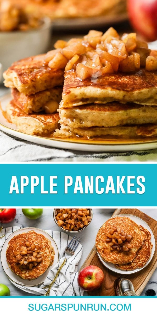 collage of apple pancakes, top image of stack of pancakes photographed from side with bite taken out, bottom image of two plates of stacks of pancakes