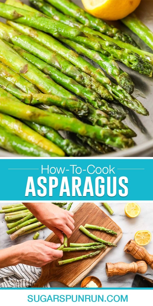 Collage of Asparagus, top image is close up of cooked asparagus cooked, bottom image of asparagus being cut and prepped on wood cutting board