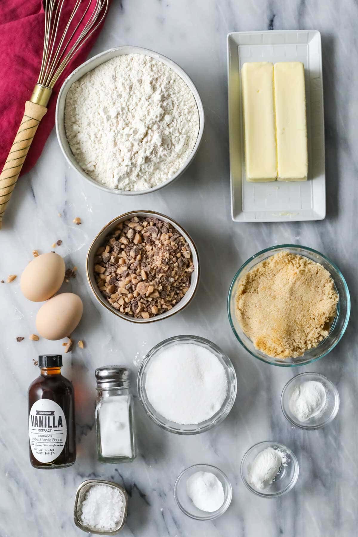 Overhead view of ingredients including toffee bits, butter, brown sugar, and more.