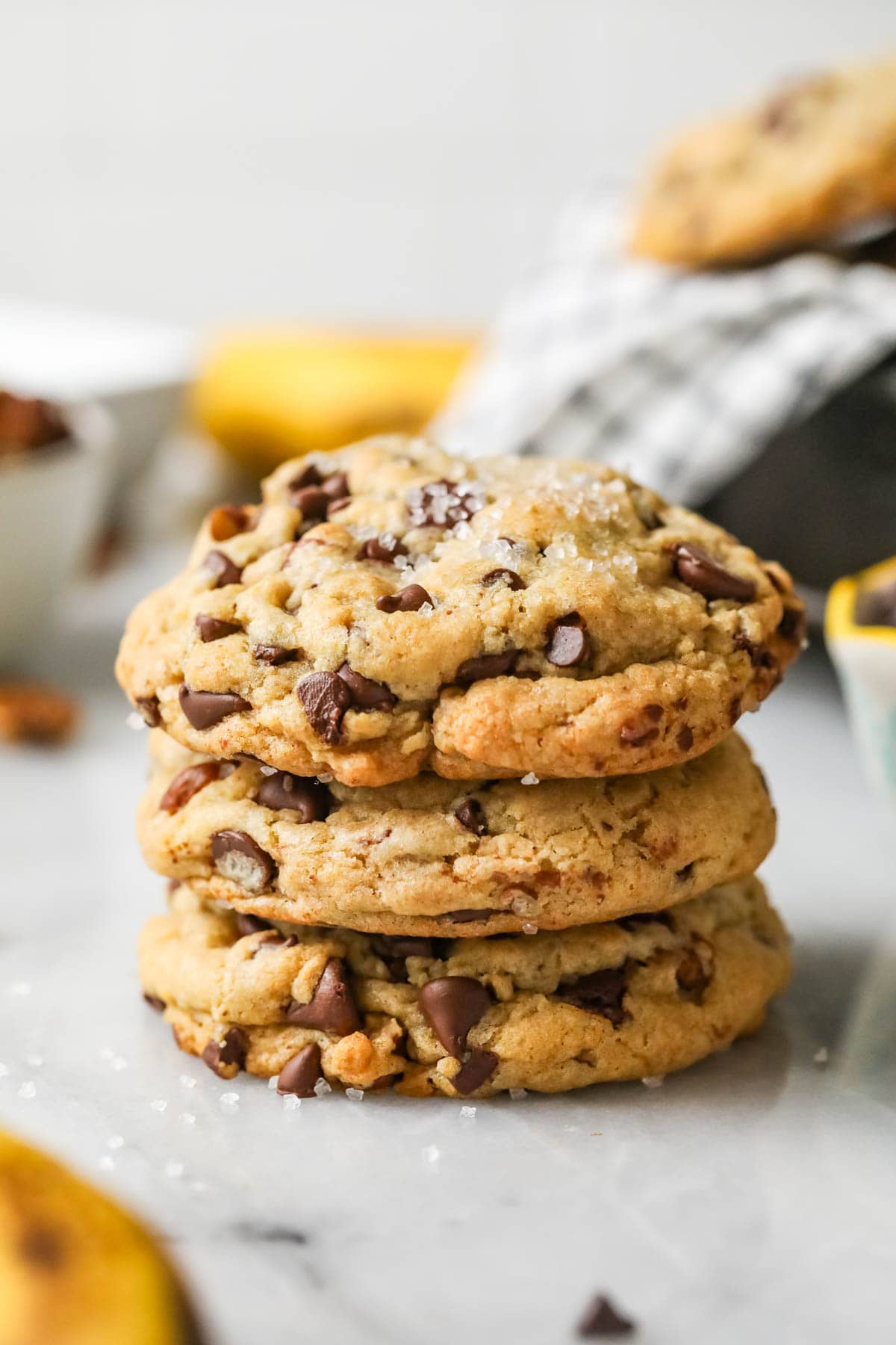 Stack of three banana bread cookies.