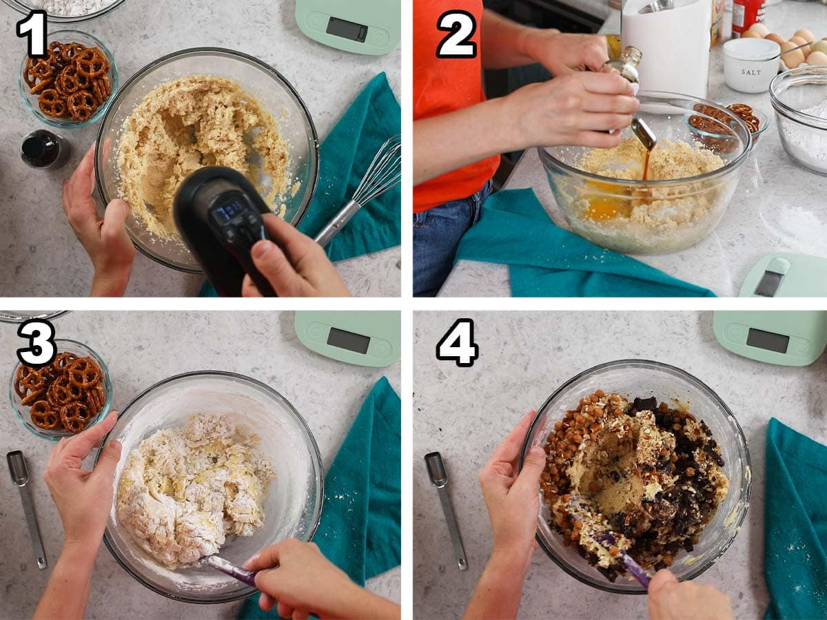 Four photos showing cookie dough being prepared with chocolate chips, pretzels, and caramel.