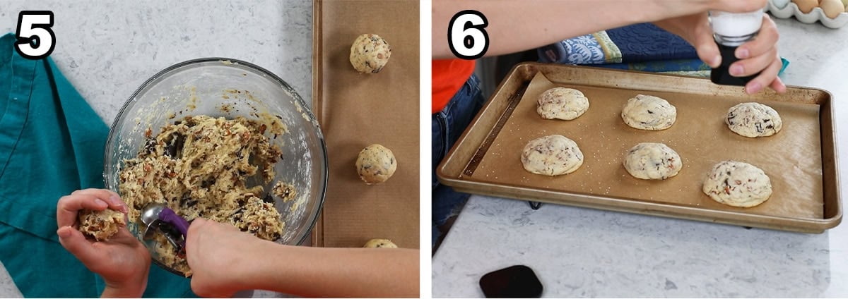 Two photos showing cookie dough being scooped and placed on cookie sheets.