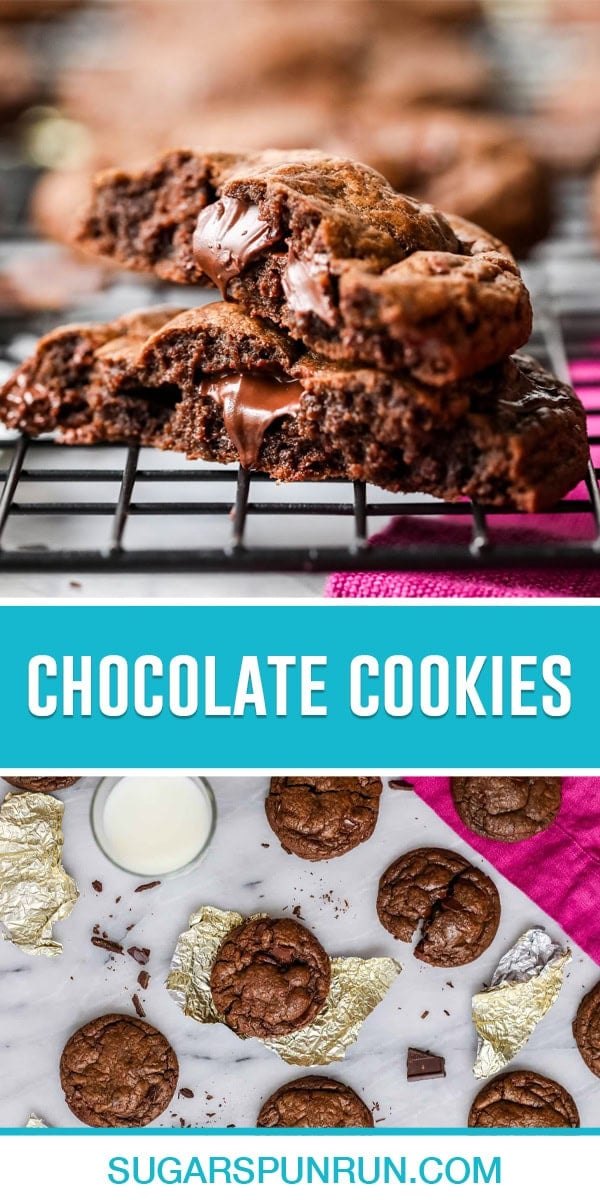 collage of chocolate cookies, top image of two close up broken in half and stacked, bottom image of multiple cookies on marble slab spread out photographed from above