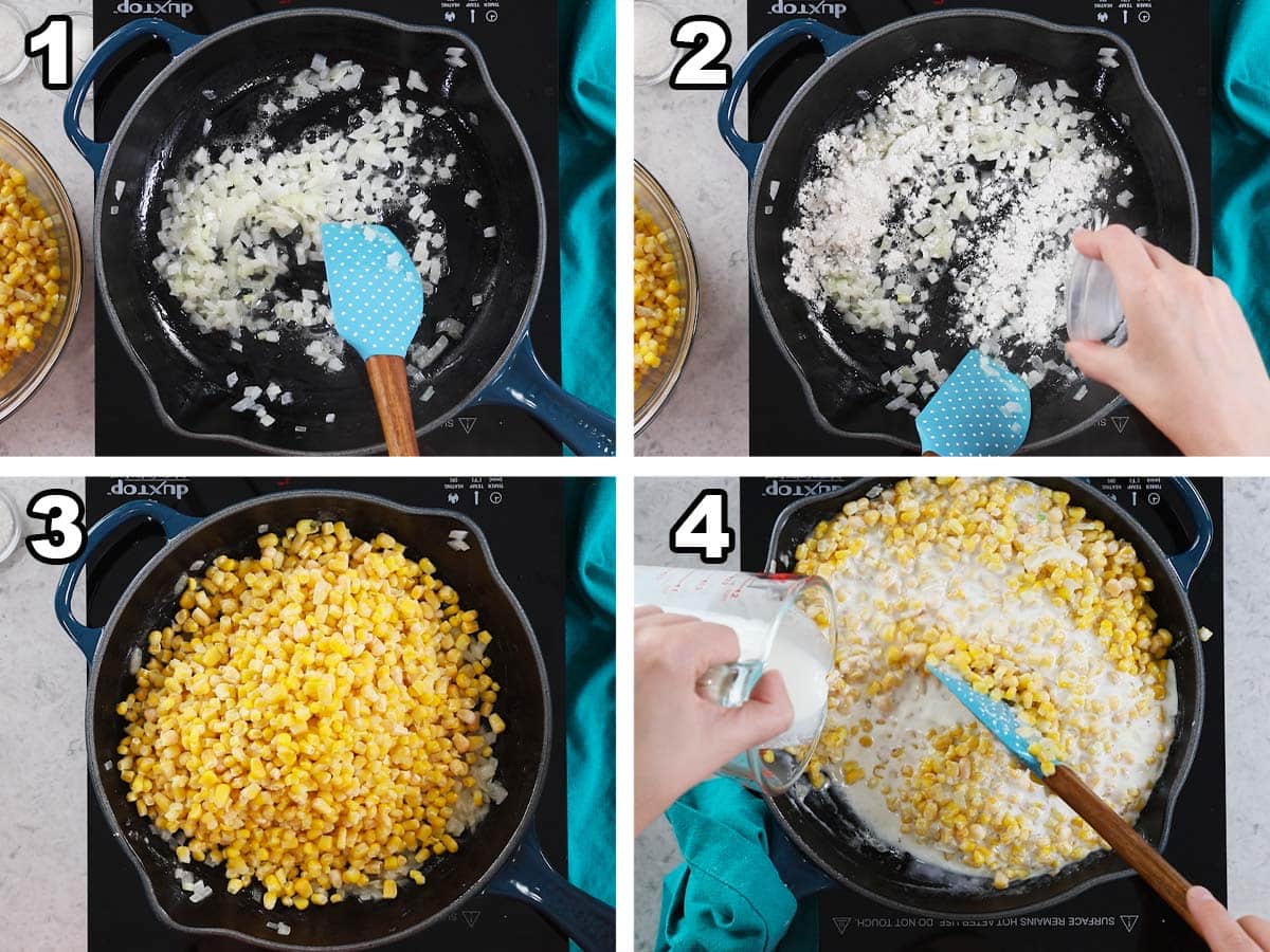 Four photos showing a creamed corn recipe being prepared.