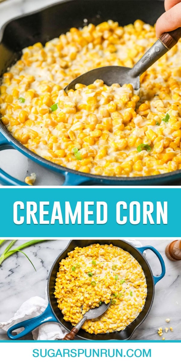 collage of creamed corn, top image of creamed corn in skillet being scooped out with spoon. Bottom image same image photographed from above