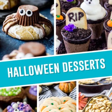 Collage of Halloween Dessert Ideas, top images spider cookies and dessert cups, bottom brownie bites, pumpkin cookies, pumpkin seeds