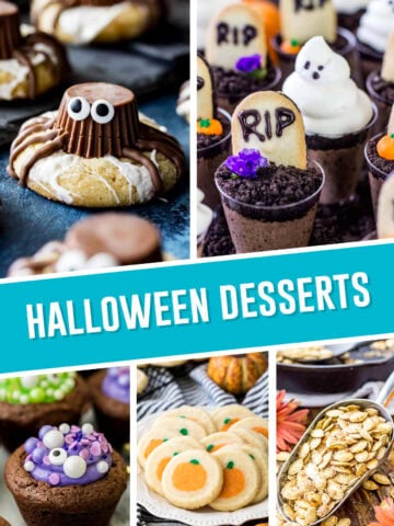 Collage of Halloween Dessert Ideas, top images spider cookies and dessert cups, bottom brownie bites, pumpkin cookies, pumpkin seeds