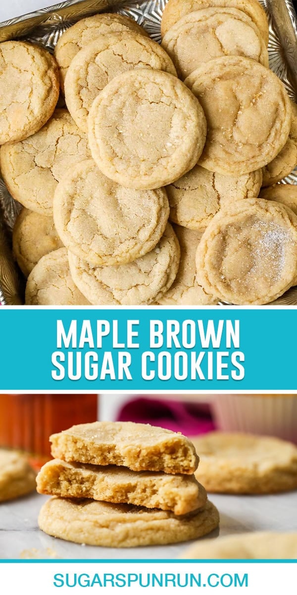 collage of maple brown sugar cookies, top image of multiple cookies stacked photographed from above, bottom image of three cookies stacked